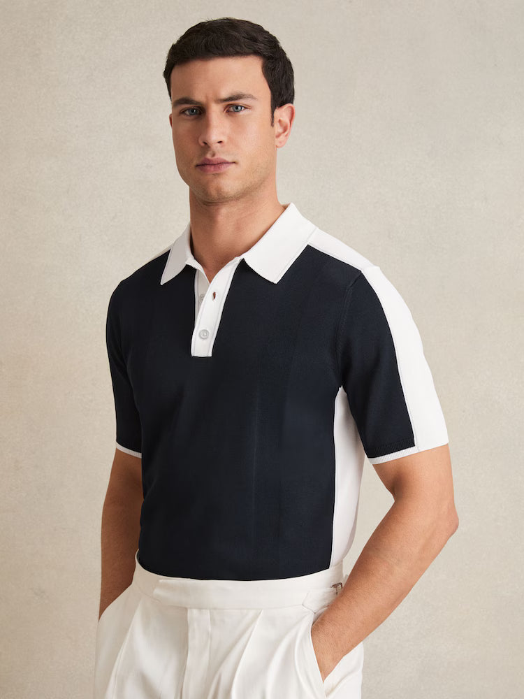 SAKURIKAR-Colour-Block Knit Polo Shirt in Navy/White