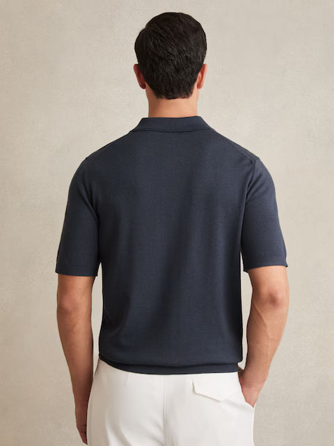 SAKURIKAR-Merino Wool Short-Sleeve Polo Shirt in Midnight Navy