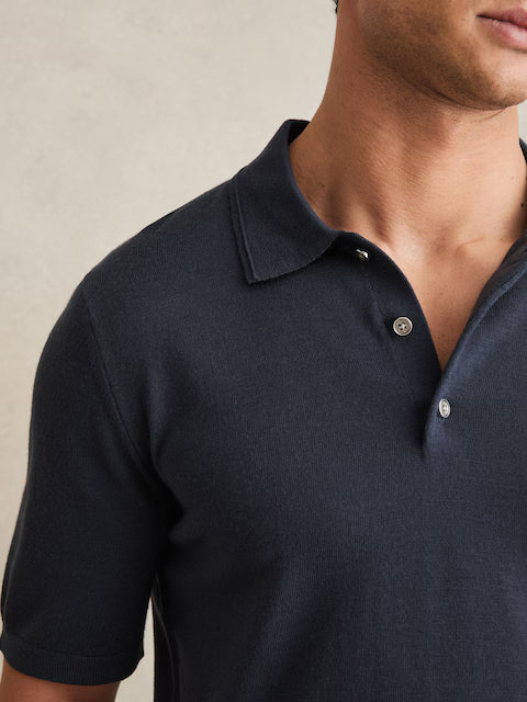 SAKURIKAR-Merino Wool Short-Sleeve Polo Shirt in Midnight Navy