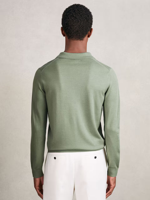 SAKURIKAR-Merino Wool Long-Sleeve Polo Shirt in Harper Green