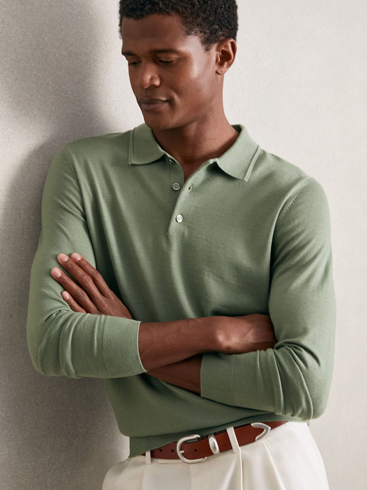 SAKURIKAR-Merino Wool Long-Sleeve Polo Shirt in Harper Green