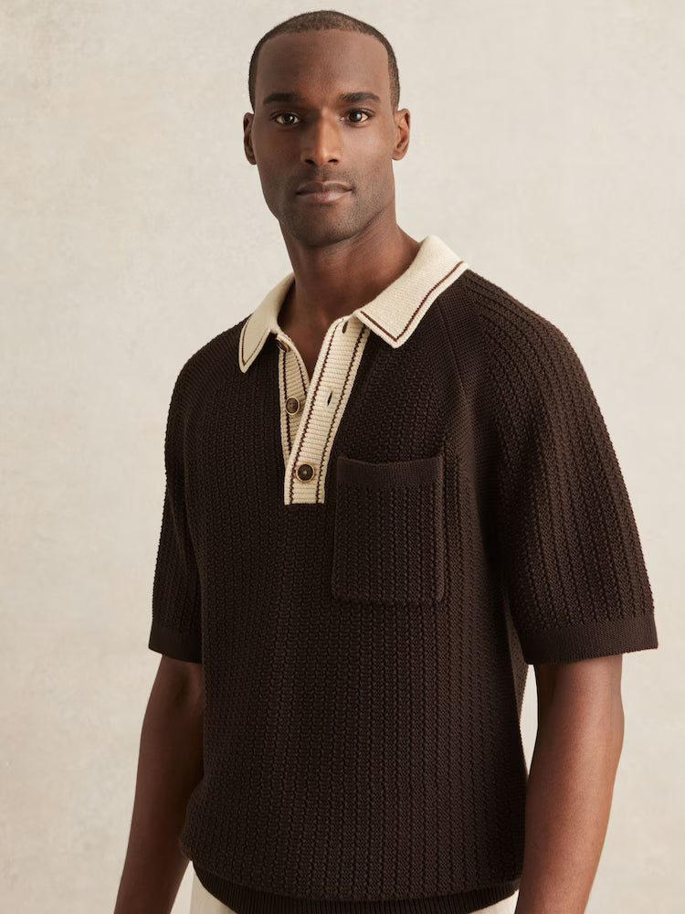 SAKURIKAR-Cotton Textured Knit Contrast Polo Shirt in Dark Brown/Stone