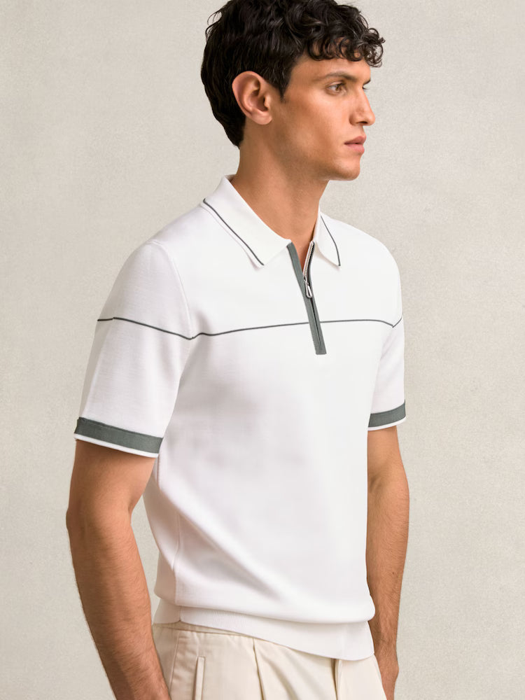 SAKURIKAR-Half Zip Tipped Polo Shirt in White/Green