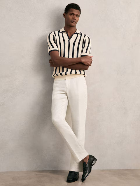 SAKURIKAR-Cotton Blend Stripe Knit Polo Shirt in Off White/Navy