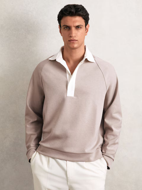 SAKURIKAR-Colour Block Rugby Shirt in Oatmeal/White