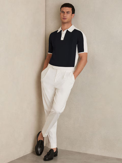 SAKURIKAR-Colour-Block Knit Polo Shirt in Navy/White