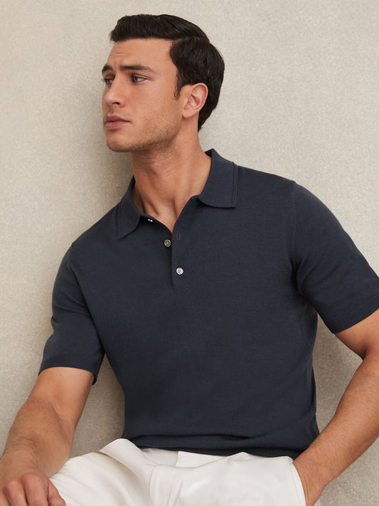 SAKURIKAR-Merino Wool Short-Sleeve Polo Shirt in Midnight Navy