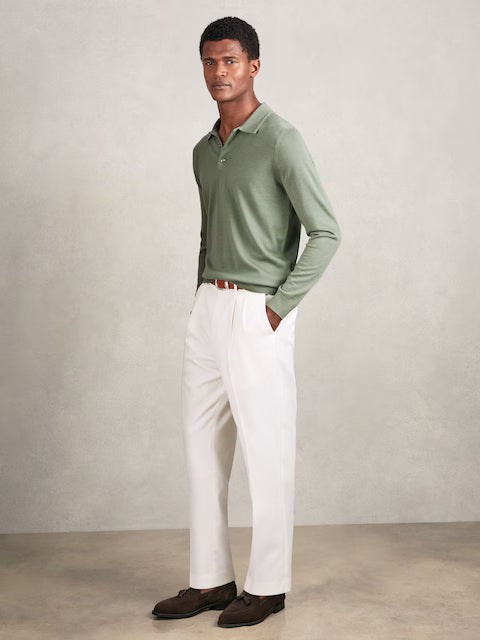 SAKURIKAR-Merino Wool Long-Sleeve Polo Shirt in Harper Green
