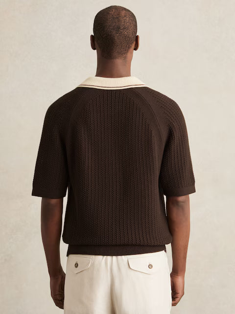 SAKURIKAR-Cotton Textured Knit Contrast Polo Shirt in Dark Brown/Stone