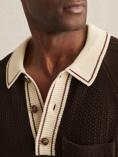SAKURIKAR-Cotton Textured Knit Contrast Polo Shirt in Dark Brown/Stone