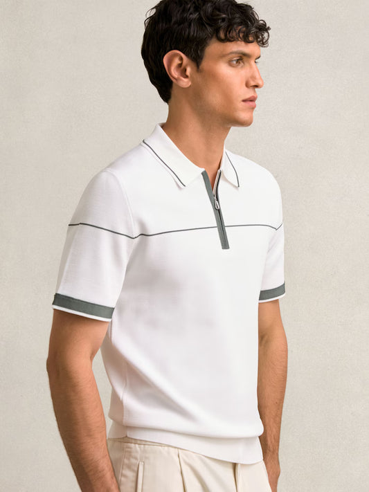 SAKURIKAR-Half Zip Tipped Polo Shirt in White/Green