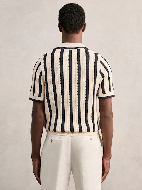 SAKURIKAR-Cotton Blend Stripe Knit Polo Shirt in Off White/Navy