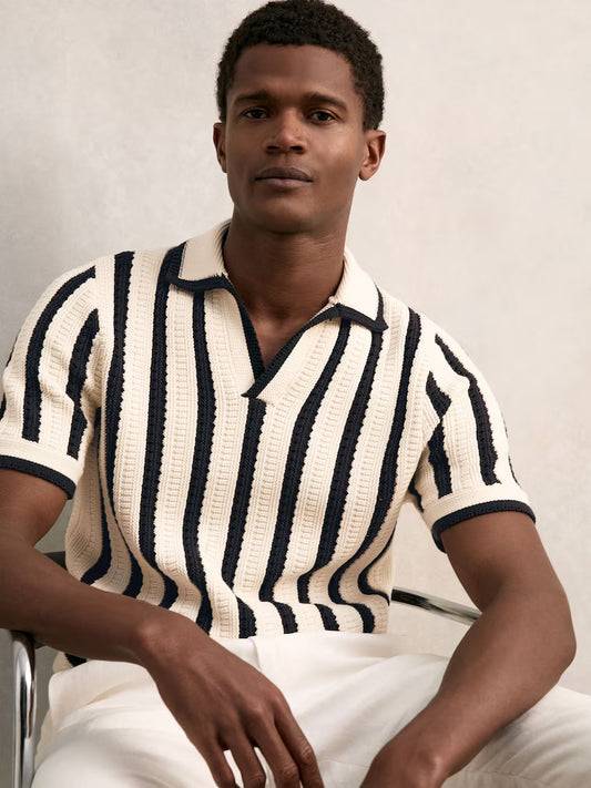 SAKURIKAR-Cotton Blend Stripe Knit Polo Shirt in Off White/Navy