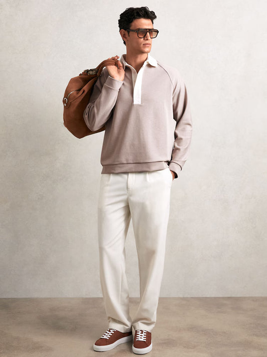 SAKURIKAR-Colour Block Rugby Shirt in Oatmeal/White